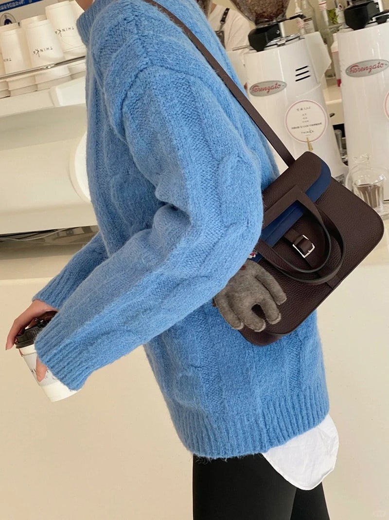 Top Layer Tc Cowhide Color-Blocked Hazan Bag 25 Horsebit Bag With Double Shoulder Straps, Versatile Genuine Leather Handbag, Shoulder Bag, Crossbody Bag For Women - Image 5