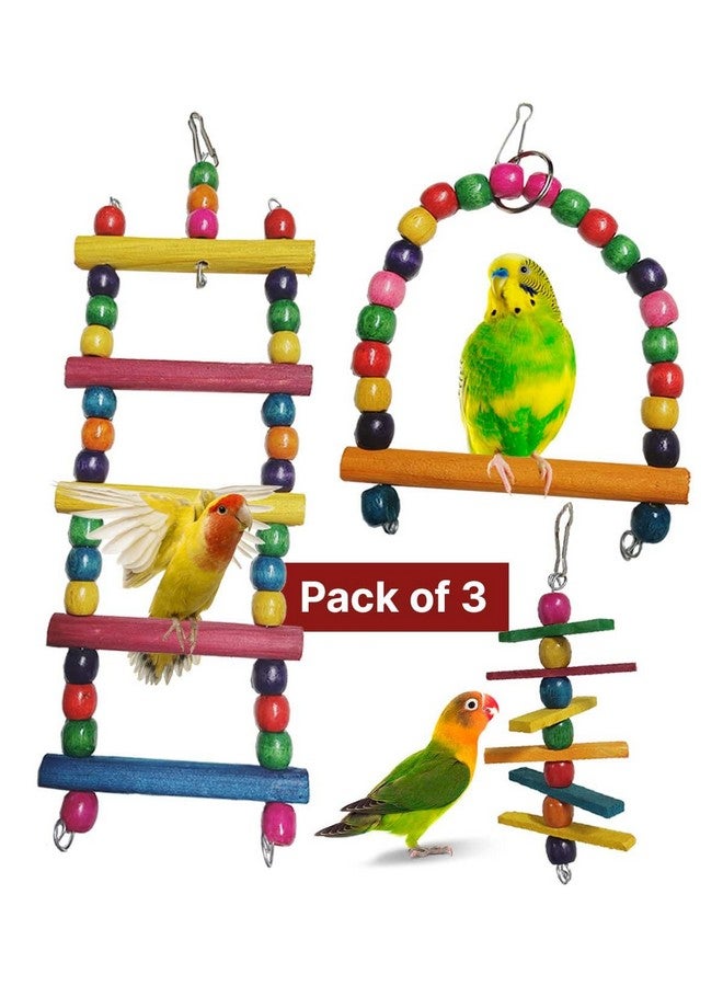 Boltze سلم الطيور وأرجوحة خشبية قابلة للمضغ معلقة، ألعاب الطيور للبادجي والكوكاتيل والعصافير وطيور كانور - مصنوعة من الخيزران - 3 قطع - Image 1