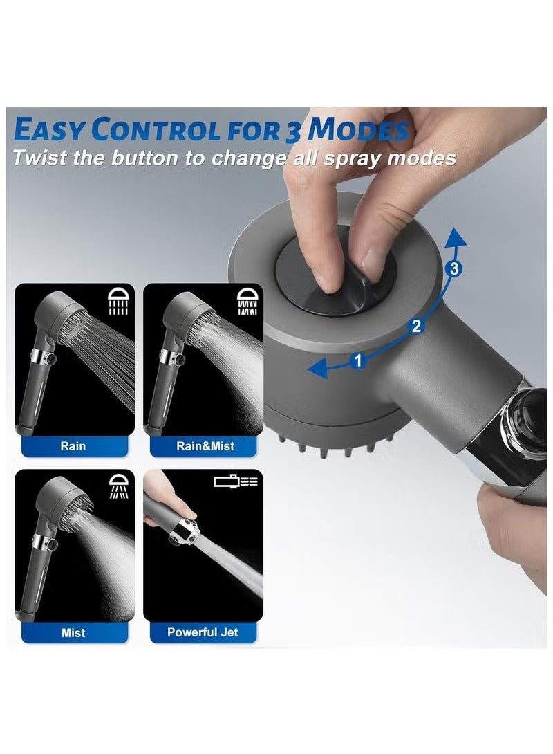 فيسوس رأس دش تدليك فاخر عالي الضغط مع فلتر - 3 وسائل للرش، وظيفة تدليك الرأس، تصميم موفر - ABS متين مطلي بالكروم - تجربة جديد في المنزل - ( رمادي) - Image 3