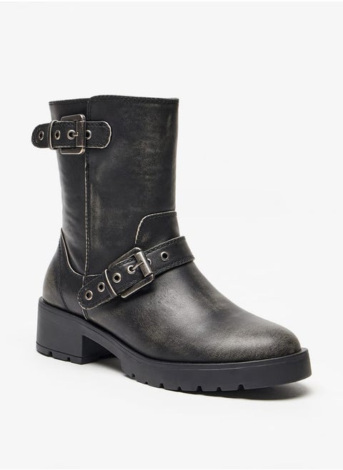 Womens Buckled Strap Accent Boots with Zip Closure and Block Heels