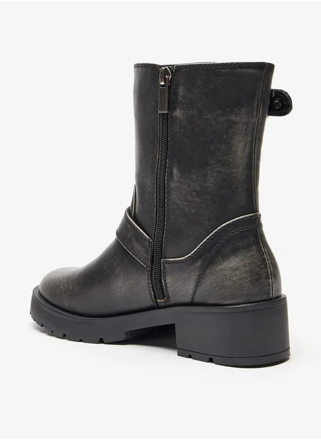 لي كوبر Womens Buckled Strap Accent Boots with Zip Closure and Block Heels