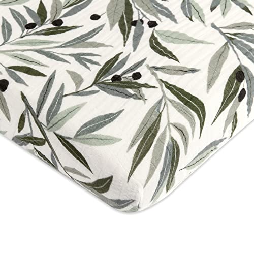 Babyletto 100% Organic Cotton Mini Crib Sheet, GOTS-Certified, Fitted 360°, Ultra-Soft and Breathable Muslin - Olive Branches - Image 1