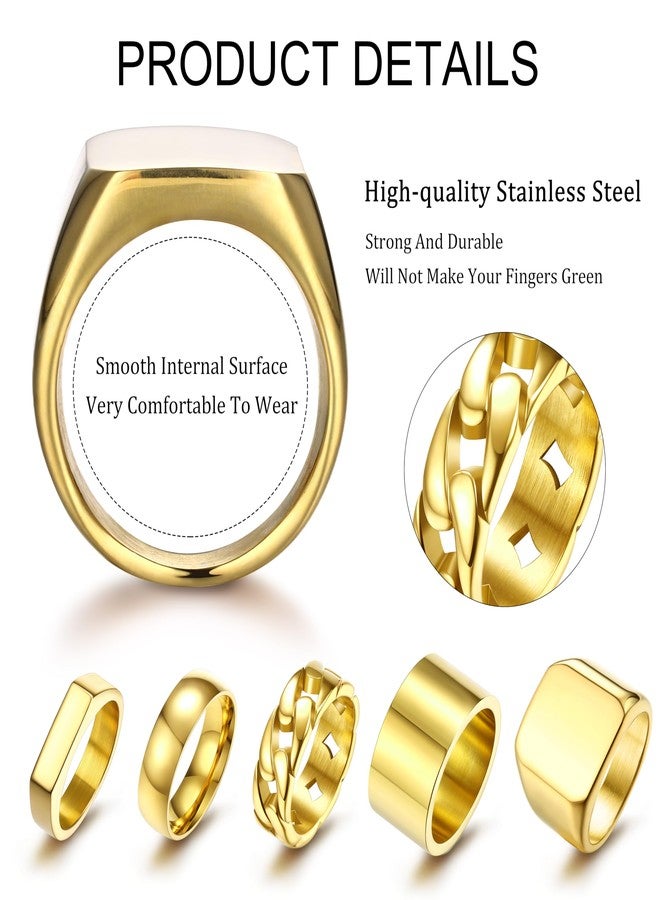 Sanfenly 5 PCS 14K Gold Rings for Men Mens Gold Ring Mens Stainless Steel Rings Square Signet Rings Pinky Thumb Ring Chunky Thick Band Cuban Link Chain Ring Cool Finger Ring Wedding Band Ring for Men Size 10 - Image 2