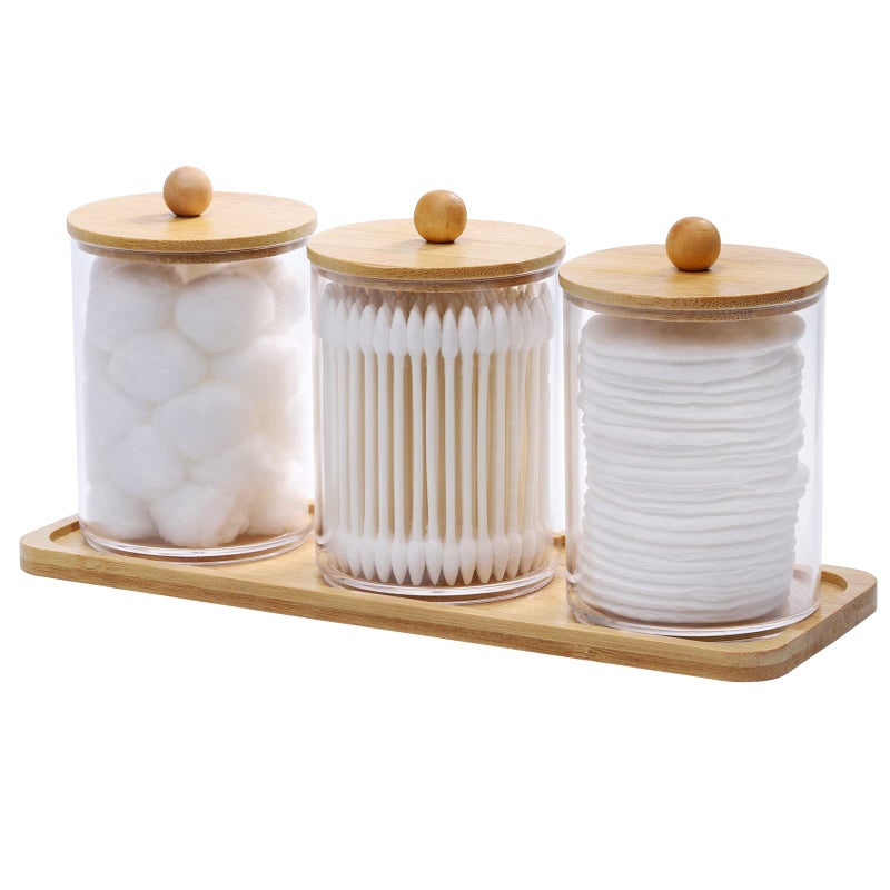 Tbestmax 10 Oz Cotton Swab/Ball/Pad Holder with Vanity Tray, Qtip Apothecary Jar, Clear Bathroom Containers Dispenser for Storage 3 Pack Wood Lids - Image 1