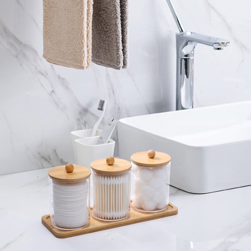 Tbestmax 10 Oz Cotton Swab/Ball/Pad Holder with Vanity Tray, Qtip Apothecary Jar, Clear Bathroom Containers Dispenser for Storage 3 Pack Wood Lids - Image 4