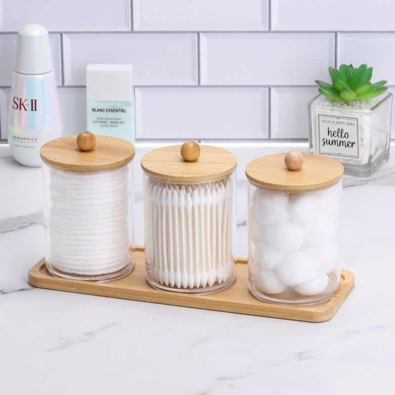 Tbestmax 10 Oz Cotton Swab/Ball/Pad Holder with Vanity Tray, Qtip Apothecary Jar, Clear Bathroom Containers Dispenser for Storage 3 Pack Wood Lids - Image 5