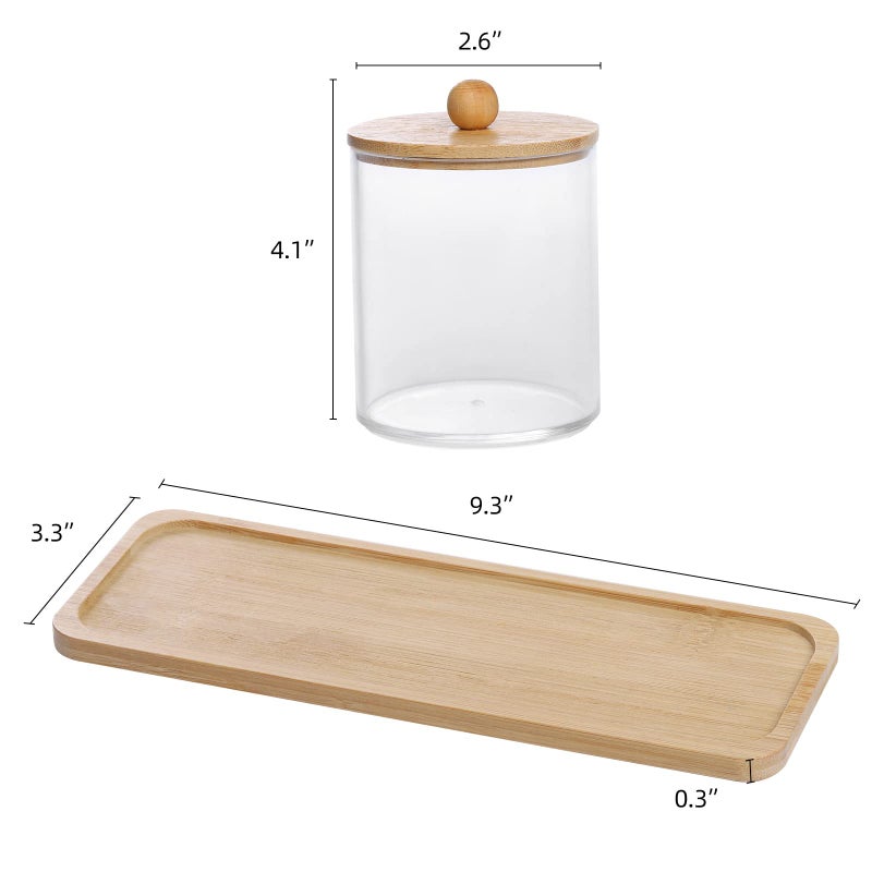 Tbestmax 10 Oz Cotton Swab/Ball/Pad Holder with Vanity Tray, Qtip Apothecary Jar, Clear Bathroom Containers Dispenser for Storage 3 Pack Wood Lids - Image 2