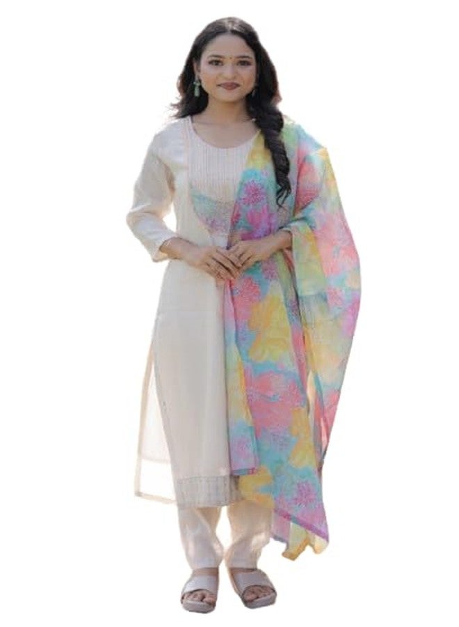 INJOFASH طقم كورتا أبيض للفتيات بتصميم شيكانكاري مع شال مزخرف بألوان متعددة، ملابس تقليدية هندية عرقية (في، ألفا، XL، عادي، حجم زائد، فتيات صغار، كريمي) - Image 1