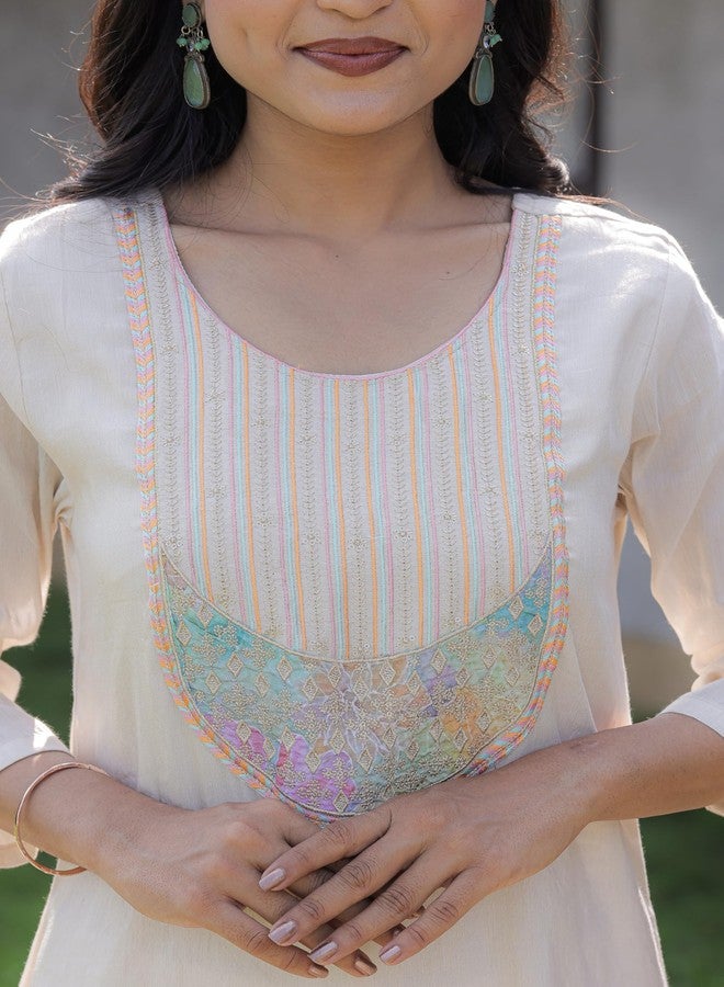 INJOFASH طقم كورتا أبيض للفتيات بتصميم شيكانكاري مع شال مزخرف بألوان متعددة، ملابس تقليدية هندية عرقية (في، ألفا، XL، عادي، حجم زائد، فتيات صغار، كريمي) - Image 2