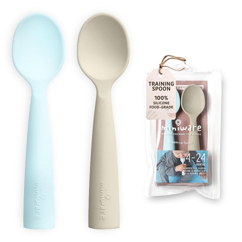 Miniware Silicone Baby Spoon for Training - BPA Free Baby Utensils - Baby Spoons Self Feeding 6 Months | 100% Food Grade Silicone - Modern & Dishwasher Safe Toddler | Dishwasher Safe (Aqua and Oat) - Image 1