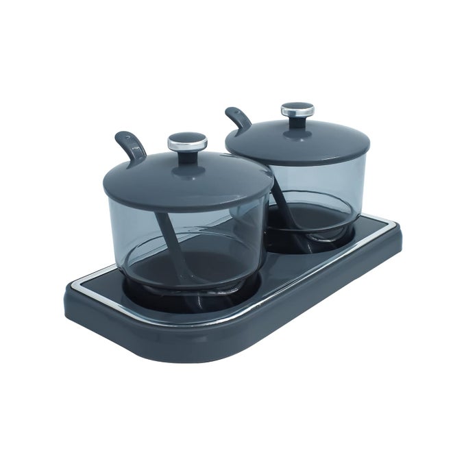 PLASTIC PICKLE CONTAINER SET WITH SPOON LID AND TRAY FOR DINING TABLE SET OF 2 CONDIMENT STORAGE JAR FOR ACHAR SPICE MUKHVAS SALT AND PAPPER GREY