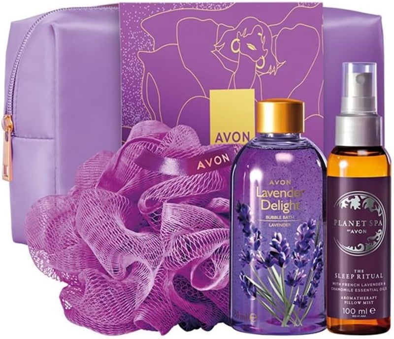 Mothers Day Moment of Rest Gift Set features a Planet Spa Pillow Mist 100ml Lavender Bubble Bath 250ml and purple shower loofah within a stylish washbag by Avon