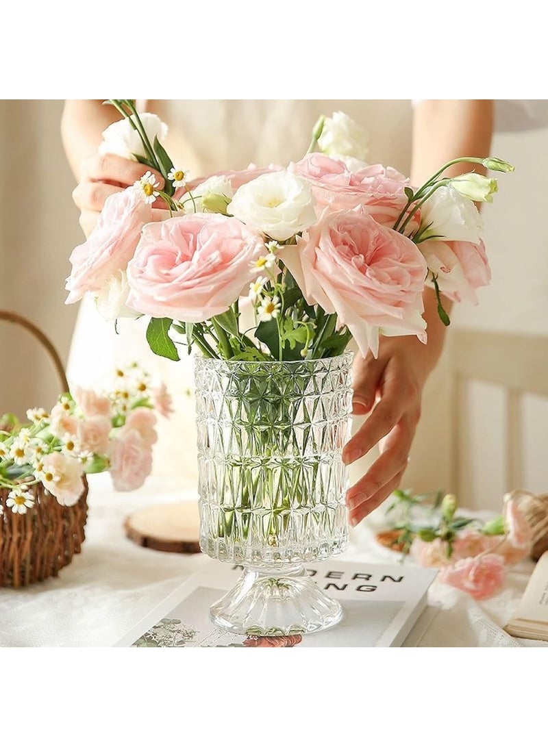 HOME ZONE Large Clear Pedestal Vases for Centrepieces Crystal Glass Ribbed Footed Flower Vase Fluted Wide Unique Decorative Vase for Wedding Birthday Anniversary Events Table Décor - Image 1