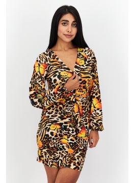 Women Animal Print Bodycon Dress, Yellow Combo