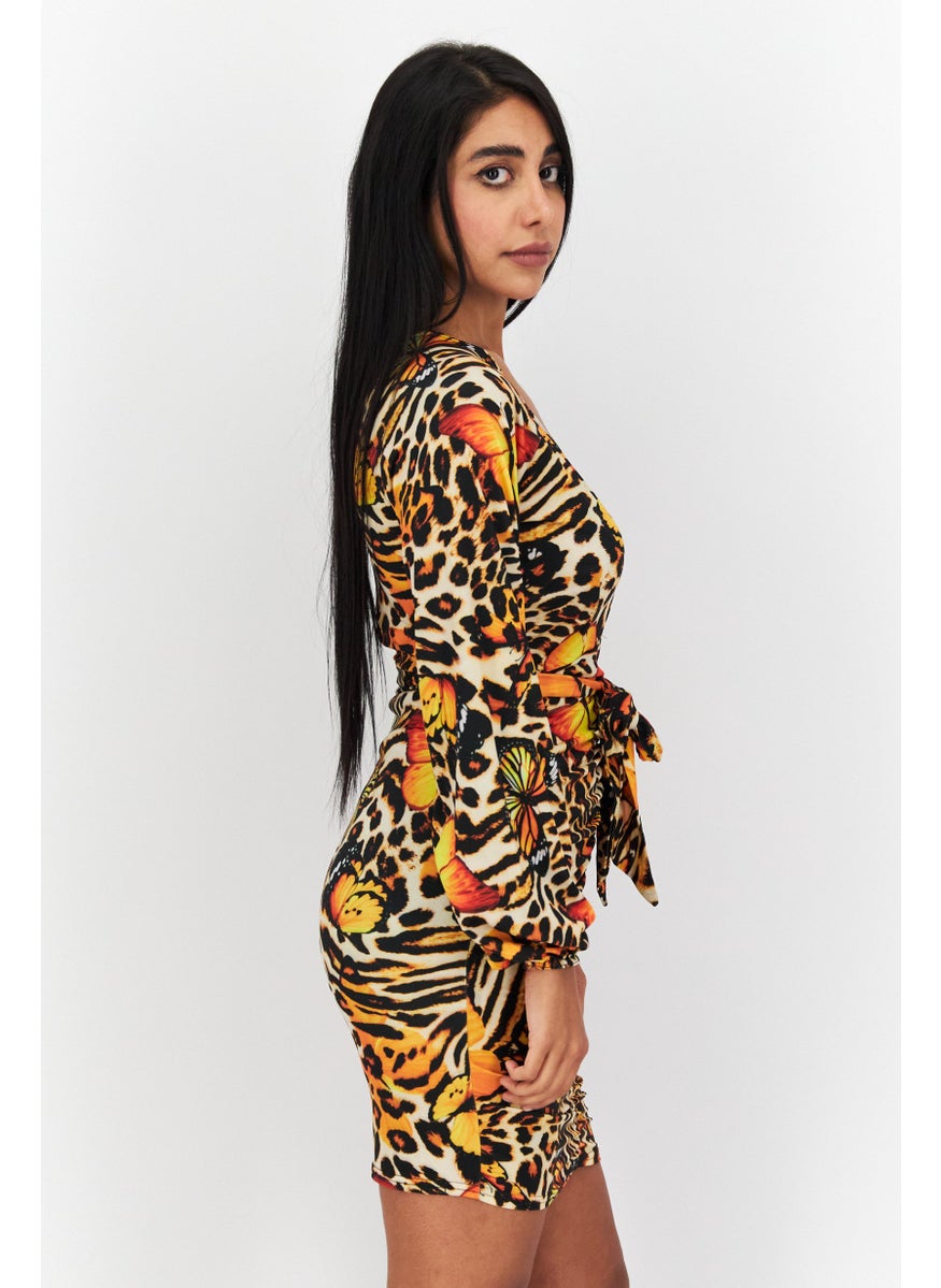 I SAW IT FIRST - Women Animal Print Bodycon Dress, Yellow Combo - Image 1