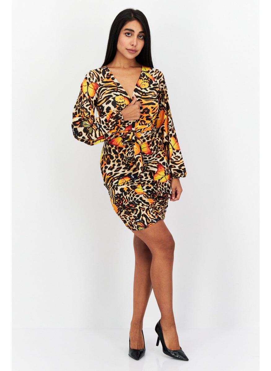 I SAW IT FIRST - Women Animal Print Bodycon Dress, Yellow Combo - Image 1