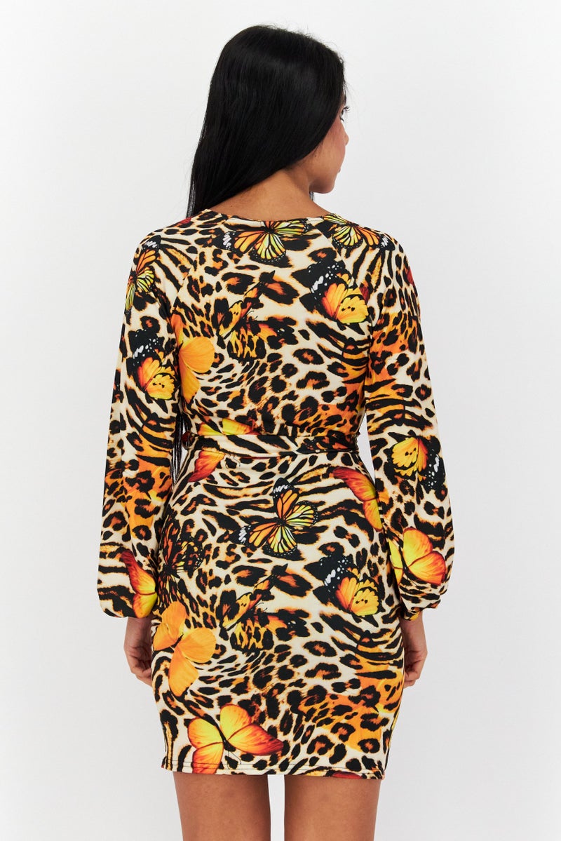 I SAW IT FIRST Women Animal Print Bodycon Dress, Yellow Combo - Image 2