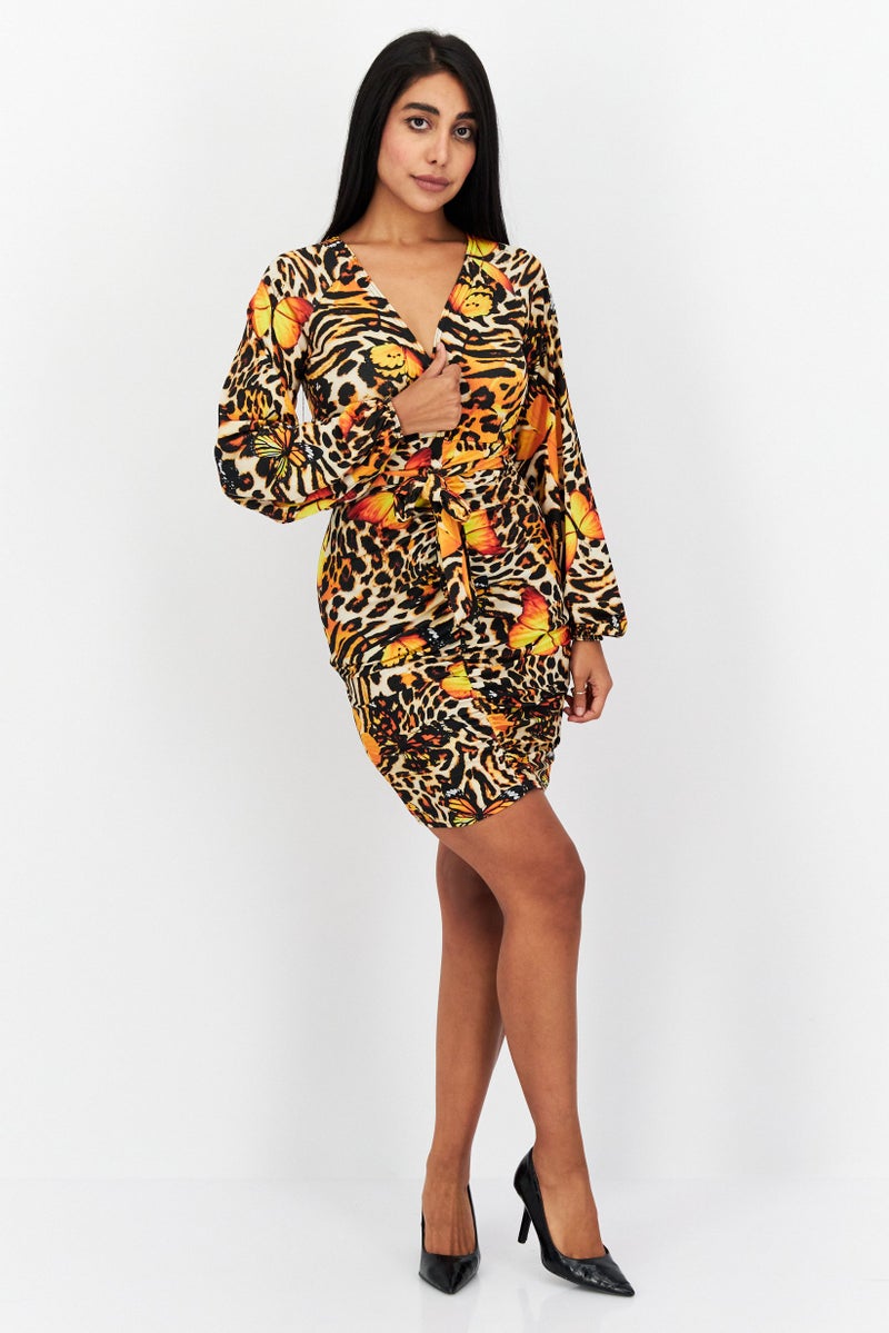 I SAW IT FIRST Women Animal Print Bodycon Dress, Yellow Combo - Image 4