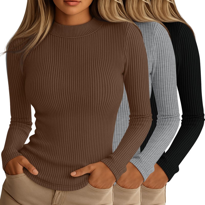 Riyiper 3 Pack Womens Ribbed Shirts Mock Turtleneck Long Sleeve Tops Slim Fitted Undershirts Casual Basic Layering TeesBlack Light Heather Gray BrownSmall - Image 2