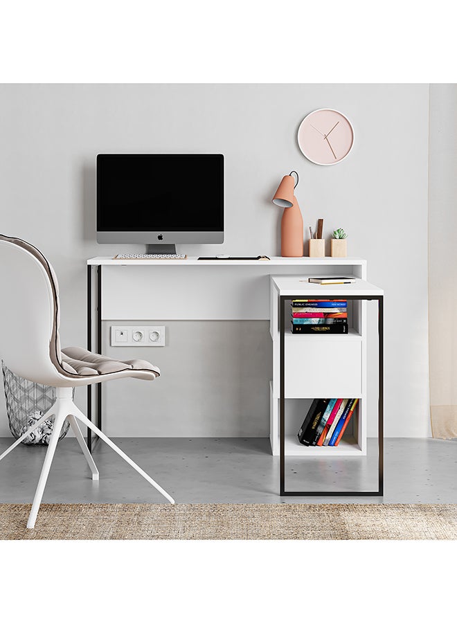 Mourah Home Badau Modern Lshaped Working Table With Storage – Metal Legs Compact Industrial Design Office/Study Desk With 3Cube Open Shelf – 37.2X77X110 Cm White - Image 1