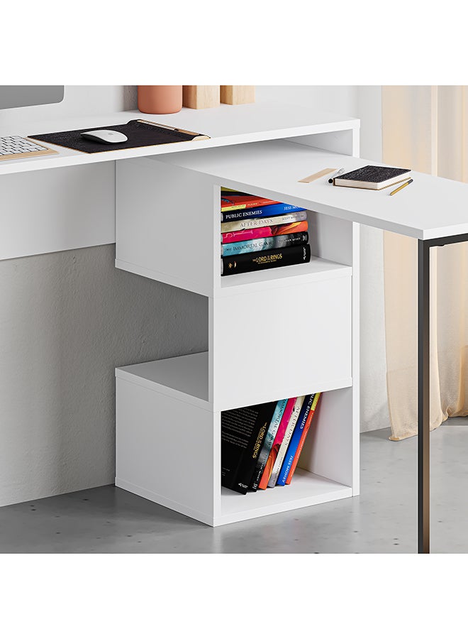 Mourah Home Badau Modern Lshaped Working Table With Storage – Metal Legs Compact Industrial Design Office/Study Desk With 3Cube Open Shelf – 37.2X77X110 Cm White - Image 3