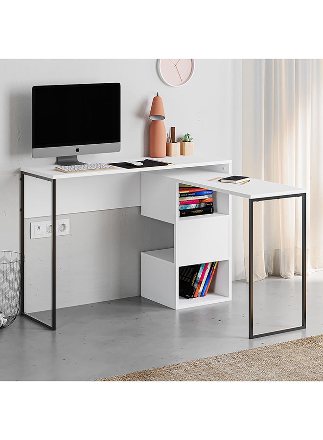 Mourah Home Badau Modern Lshaped Working Table With Storage – Metal Legs Compact Industrial Design Office/Study Desk With 3Cube Open Shelf – 37.2X77X110 Cm White - Image 2