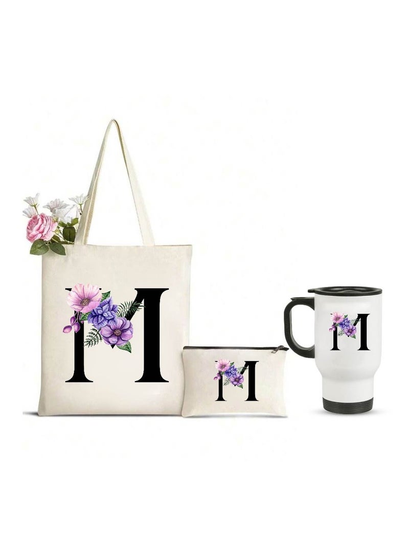 PRINTSHOP4ME Initial Letters Canvas Cotton Tote Bag, Cosmetic Pouch, and Stainless Steel Travel Mug - A Stylish Pack of 3 Combo Set for Girls - Gift for wedding - Gifts for girls - Gift for friends - Image 1