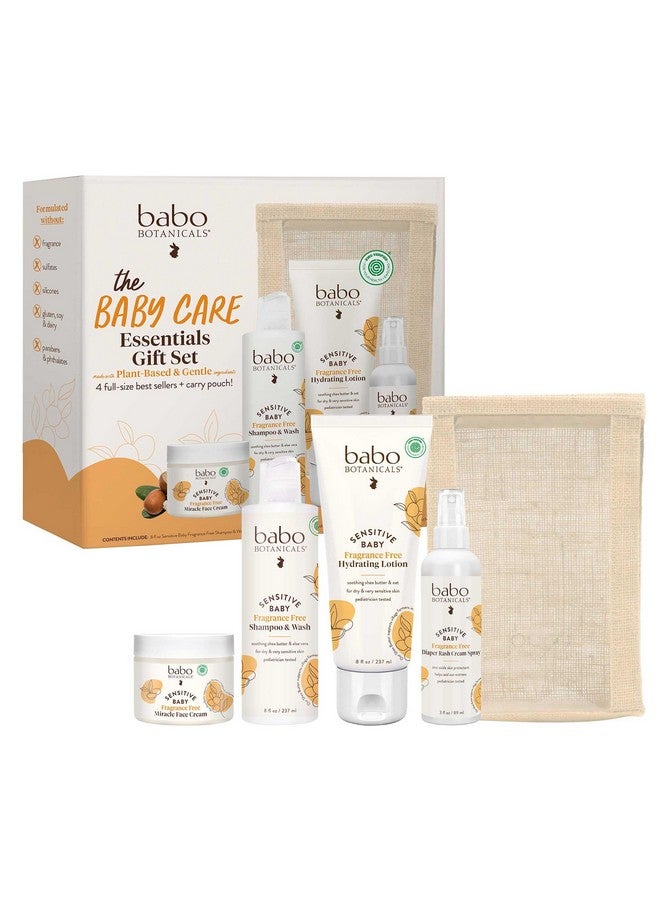 Babo Botanicals Baby Care Essentials Gift Set - Skincare, Bath & Diaper - For Delicate Skin, Fragrance-Free with Shea Butter, Includes Reusable Carry Pouch - Natural & Plant Based - 5 Items Set - Image 1