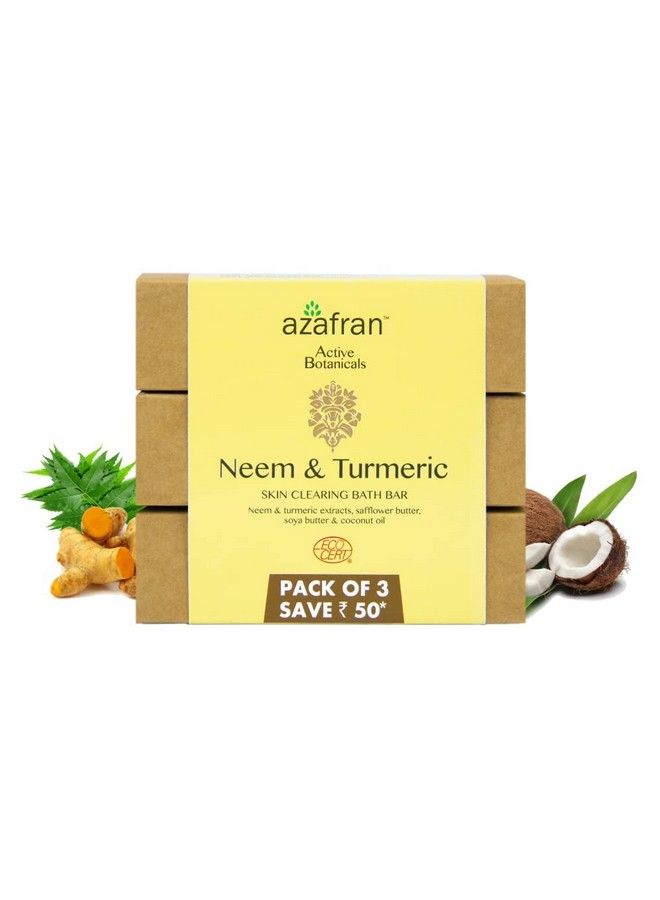 azafran Neem & Turmeric Skin Clearing Bath Bar Pack Of 3 ; Handmade Soap For Deep Cleansing Organic Safflower And Moisturizing Soya Butter With A Blend Of Coconut Oil - Image 1