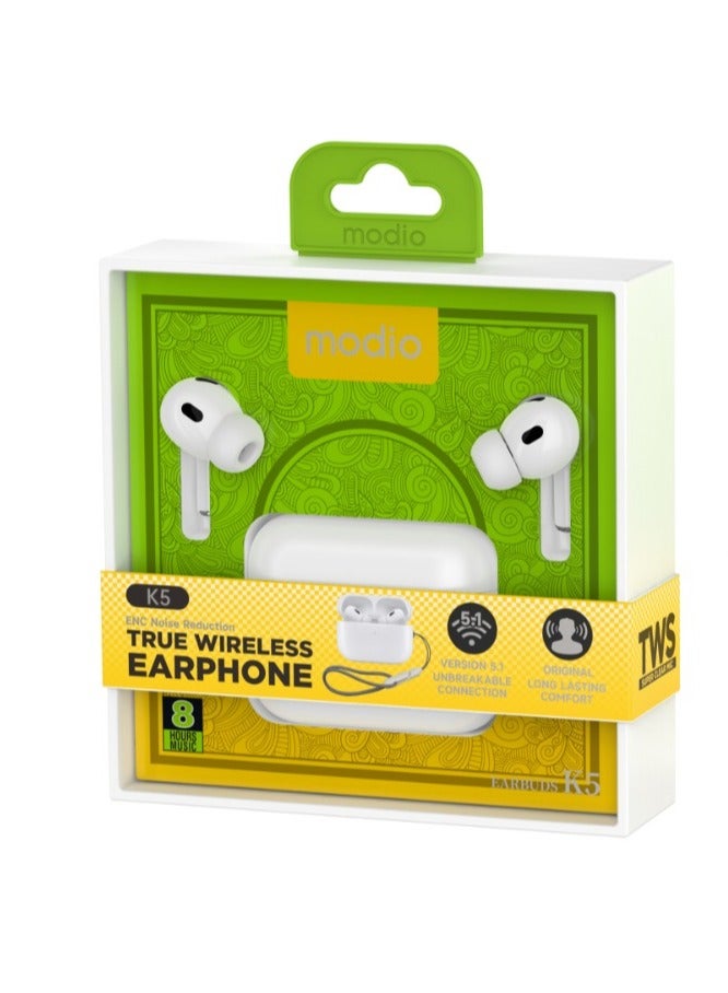 Modio K5 True Wireless Earphone With HD Sound Quality - White - Image 2