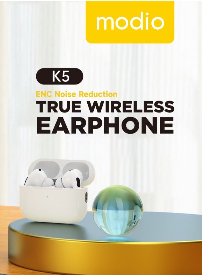 Modio K5 True Wireless Earphone With HD Sound Quality - White - Image 3