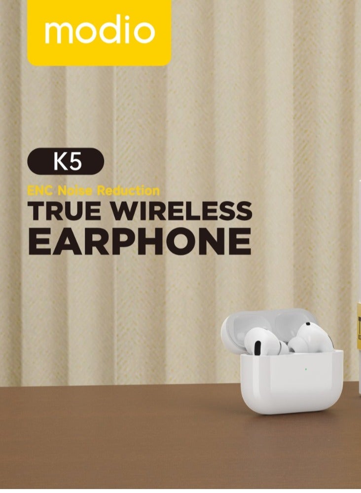 Modio K5 True Wireless Earphone With HD Sound Quality - White - Image 5