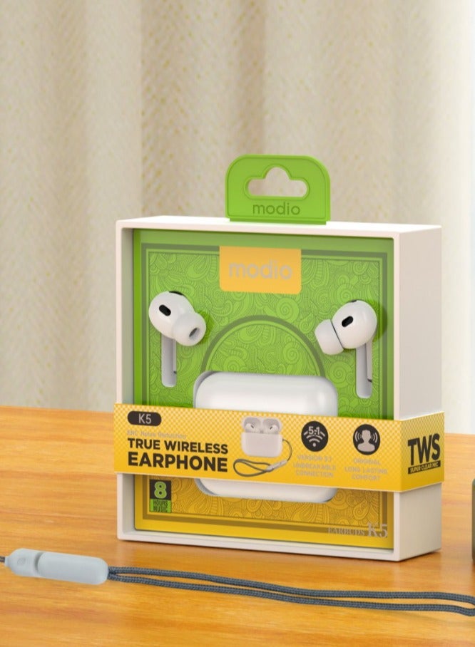 Modio K5 True Wireless Earphone With HD Sound Quality - White - Image 4