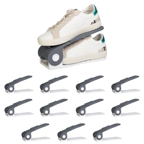 HomeStrap Plastic Shoe Organizer Slot (Pack Of 12) (Grey/White)| Adjustable | Space Saver | Double Deck Shoes Storage Holder For Rack And Shelf, 25X10X12 Cm - Image 1