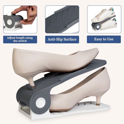 HomeStrap Plastic Shoe Organizer Slot (Pack Of 12) (Grey/White)| Adjustable | Space Saver | Double Deck Shoes Storage Holder For Rack And Shelf, 25X10X12 Cm - Image 4