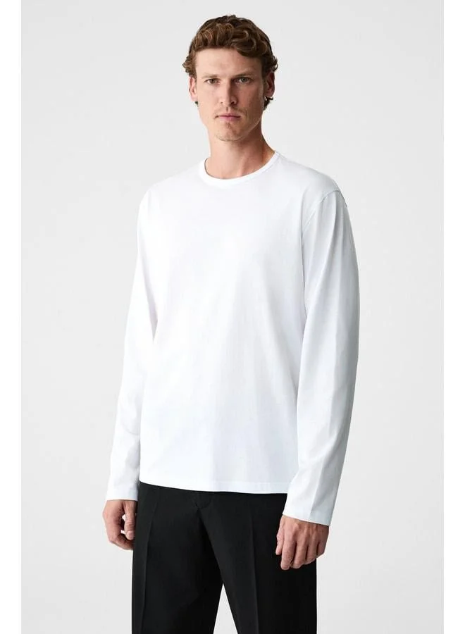 GRIMELANGE GRAVS Men's 100% Cotton Soft Fabric Round Neck Long Sleeve Beige T-Shirt.
