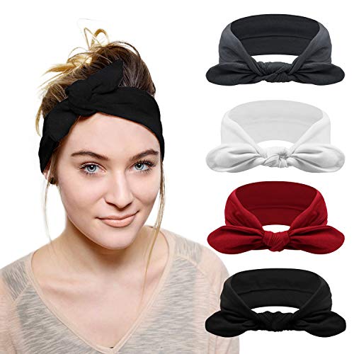 DRESHOW 4 Pack Headbands for Women Bow Knotted Hair Band Facial Cloth Rabbit Ears Running Sport Elastic Hair Wrap - Image 1