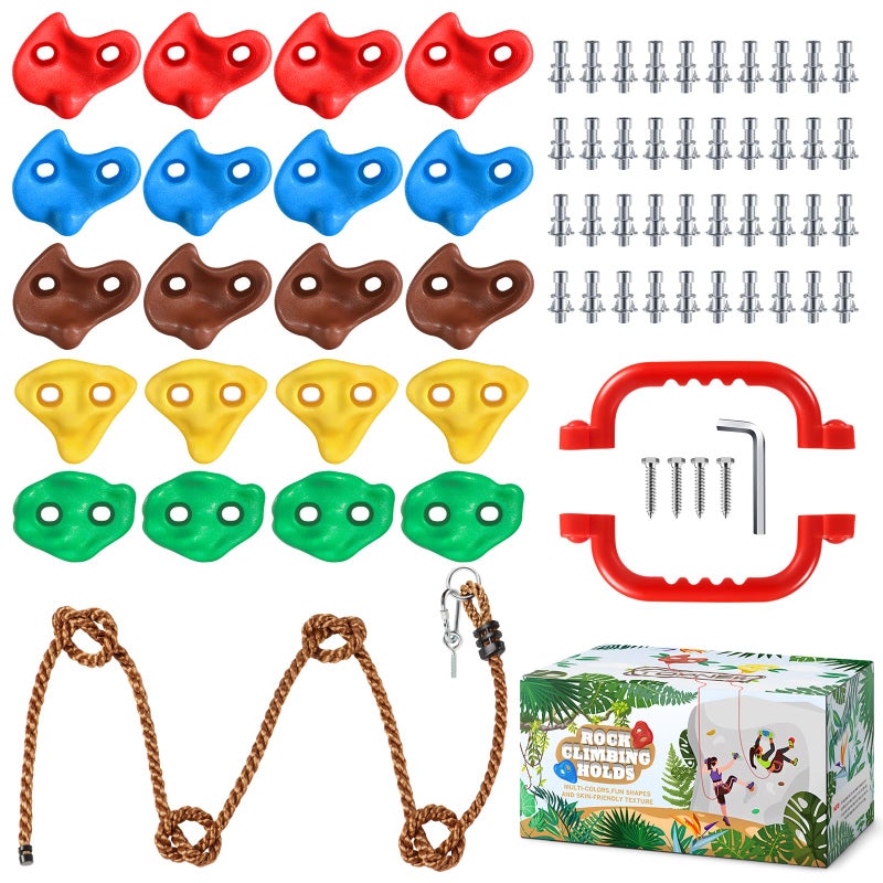 TOPNEW 20 PCS Rock Climbing Holds for Kids Rock Wall Holds with 656 Ft Climbing Rope and 2 Handles Rock Wall Climbing Kit for Indoor and Outdoor Playset  Includes Mounting Hardware - Image 2