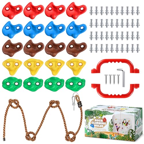TOPNEW 20 PCS Rock Climbing Holds for Kids Rock Wall Holds with 656 Ft Climbing Rope and 2 Handles Rock Wall Climbing Kit for Indoor and Outdoor Playset  Includes Mounting Hardware - Image 1