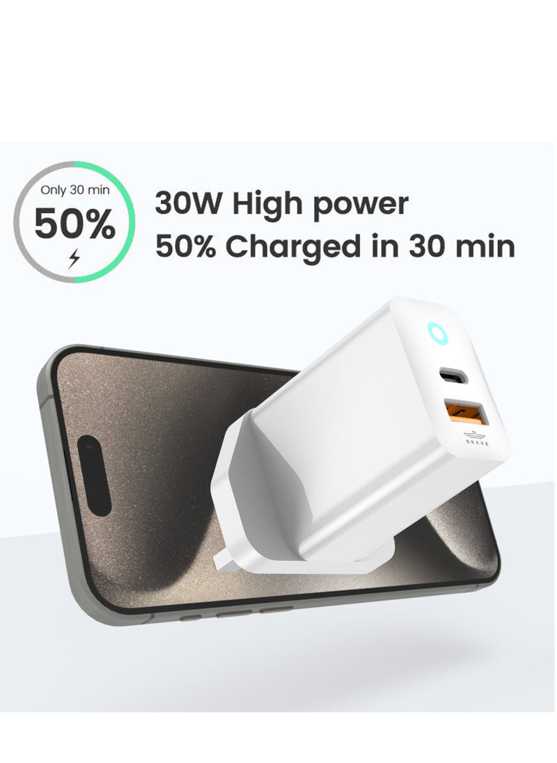 Brave - 30W USB C Charger for iPhone 16/15 Series, Dual Port iPhone 16/15 Charger GaN Series PPS Compact Fast Wall Charger Block Set with 60W USB C-C Cable for iPhone 14/13/12/11 Series, Galaxy S24/S23/S22, Pixel 8 Pro, MacBook Air, iPad and Many More - Image 1