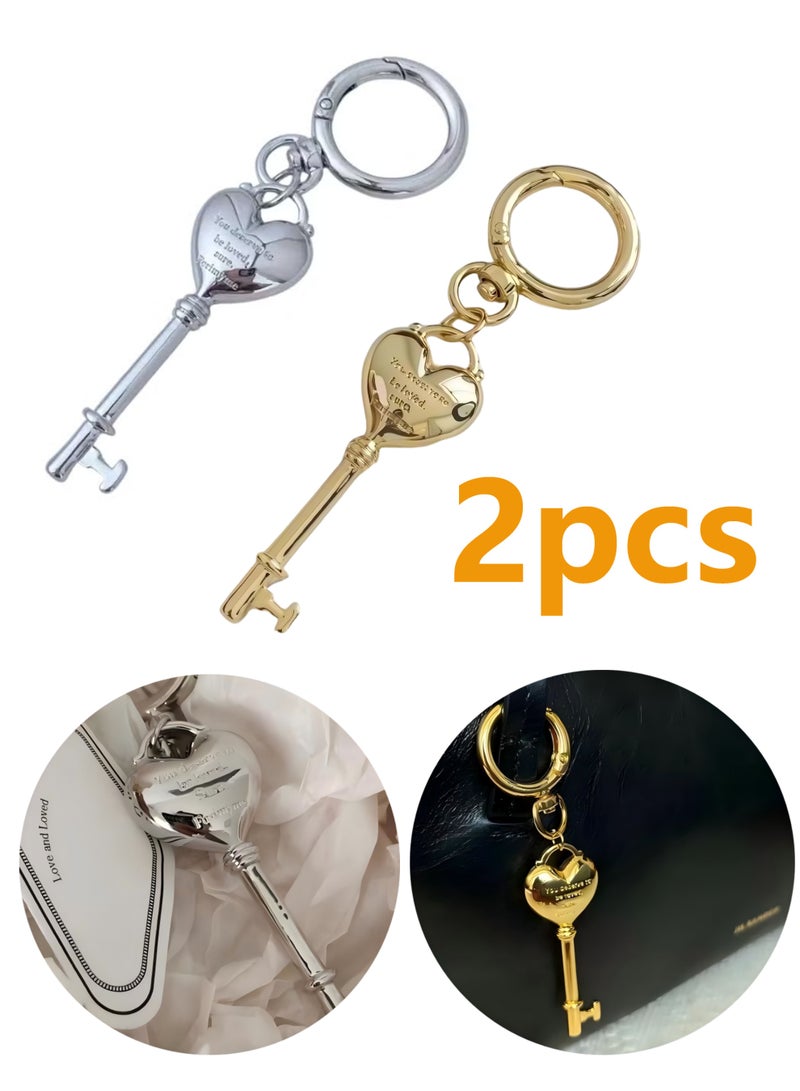 2pcs Engraved Love Lock Keychain in Solid Brass - Unisex Bag Charm, Abaya Pendant for Purses, Handbags, Wallets（Gold+Silver） - Image 1