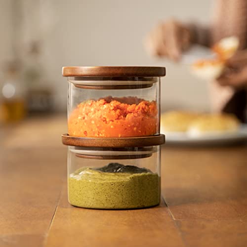Ellementry Glass Storage Jars With Wooden Lid - Set of 2, Multipurpose Containers For Chutney, Spices, Pickles & Kitchen Storage, Serveware For Dining Table & Pantry Organization,Clear - Image 1