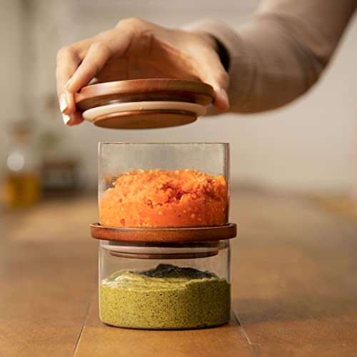 Ellementry Glass Storage Jars With Wooden Lid - Set of 2, Multipurpose Containers For Chutney, Spices, Pickles & Kitchen Storage, Serveware For Dining Table & Pantry Organization,Clear - Image 2