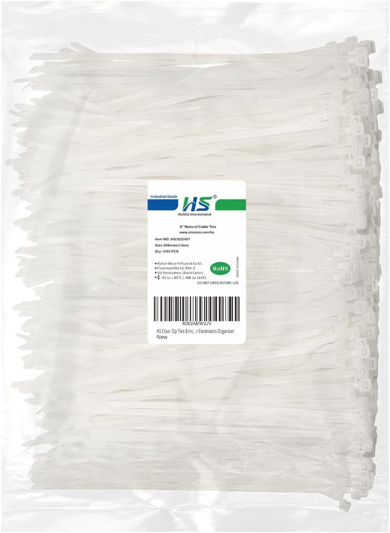 HS Clear Zip Ties 8 Inch (Bulk-1000 Pack) Nylon Cable Ties 40 Lbs Self-Locking Wire Ties for Electronics Organizer - Image 1