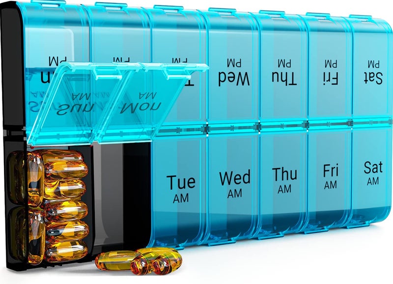 7 Day Extra Large Pill Organizer 2 Times a Day Weekly Pill Box Twice a Day XL AM PM Pill Case Oversized Daily Medicine Organizer for Vitamin Big Pill Container Cyan