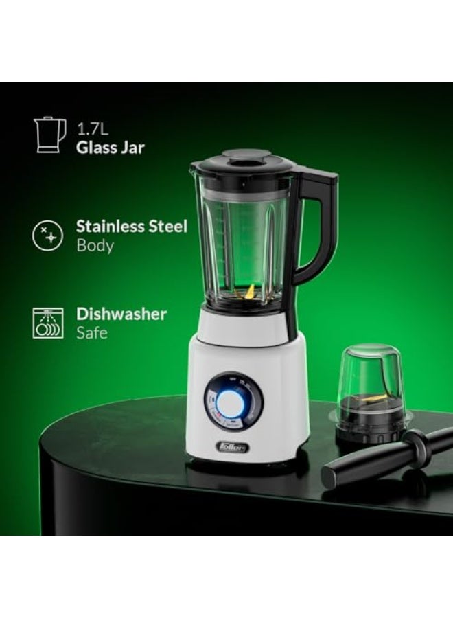 Feller Germany, 1200W Blender + Grinder Mill, 1.7L Glass Jar, Ice Crush/Smoothie/Pulse Modes, Variable Speed, 6-Fin Blade, Safety Lock, 2Y Guarantee BLG1200 UAE Stainless Steel - Image 4