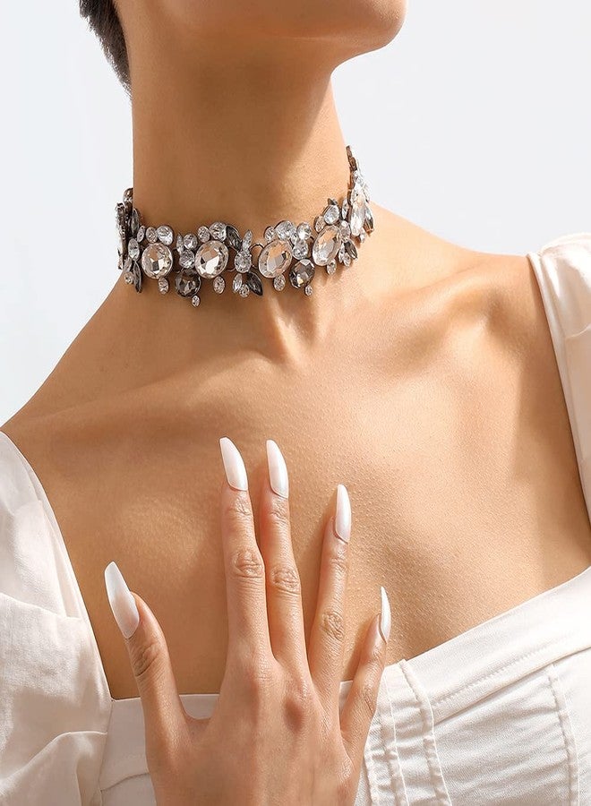 Chargances Rhinestone Statement Neckalce Vintage Chunky Crystal Collar Bling Grey Bib Pendant Necklace for Women (Grey) - Image 2