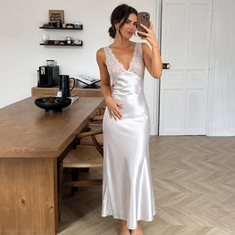 Yao Ting Yaoting Luxury Night Lace Trim Satin Slip Long Nightdress CQ3420 - Image 4