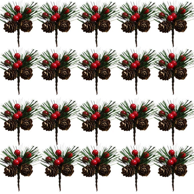 20PCS ARTIFICIAL PINE PICKS CHRISTMAS SIMULATION PINE NEEDLE SMALL BERRIES PINECONES FOR FLOWER ARRANGEMENTS WREATHS WEDDING GARDEN XMAS TREE DECORATIONS RED