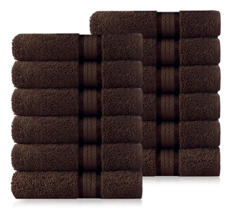 Cotton Craft - 12 Pack - Ultra Soft Extra Large Wash Cloths 12x12 Chocolate - 100% Pure Ringspun Cotton - Luxurious Rayon trim - Ideal for Daily Use - Each Towel Weighs 2 Ounces - Image 1